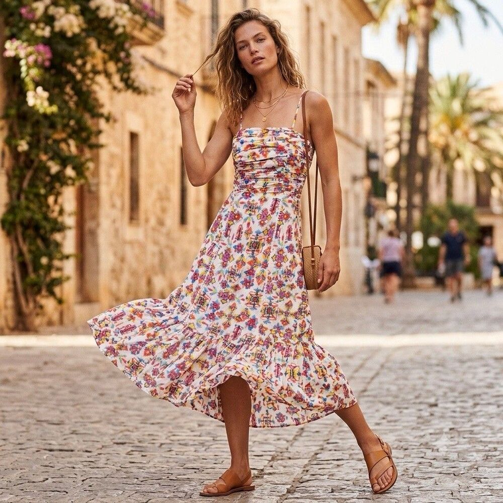 LaRoque Original Smocked Ruched Midi Sundress Bright Geometric Floral Small⁠